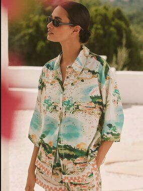 NWT Celandine Linen Blend Printed Watercolor Coastal Button-Up Shirt